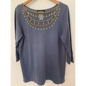 Bob Mackie Wearable Art Sweater Jeweled Sequin Beaded Neckline Lavender Women M